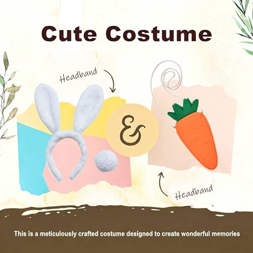Kirei Sui White Bunny Ears Headband & Tail Costume, Carrot Accessories for Halloween Adults Teens