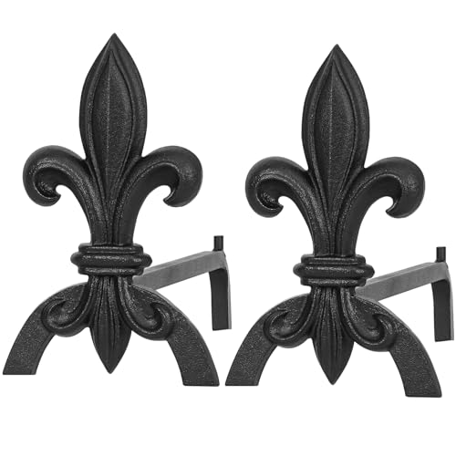 G GOOD GAIN Fireplace Andirons for Wood Burning Fireplaces, Heavy Duty Cast Iron & Steel, Black Modern Iris Shape Decorative Andirons, Elevates Logs for Better Airflow