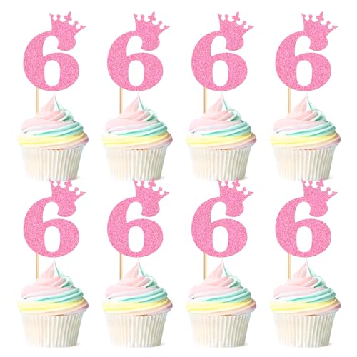 Ercadio 24 Pack Number 6 Cupcake Toppers 6Th Birthday Cupcake Toppers Pink Glitter Number 6Cupcake Picks Cheers To 6 Years Old Decorations For Baby Shower Anniversary Party Cake Supplies cover