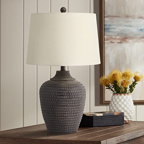 Textured Dot Jug Table Lamp, Dark Brown Finish, Cast Resin Construction, Oatmeal Linen Round Drum Shade, Idea For Modern Farmhouse Or Coastal Rustic Interior Room, On-Off Socket Switch #TOP1