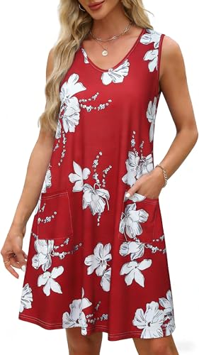 Image of elescat Womens Summer Dresses Casual V Neck Sleeveless Pockets Beach Loose Tank Sundress 2026