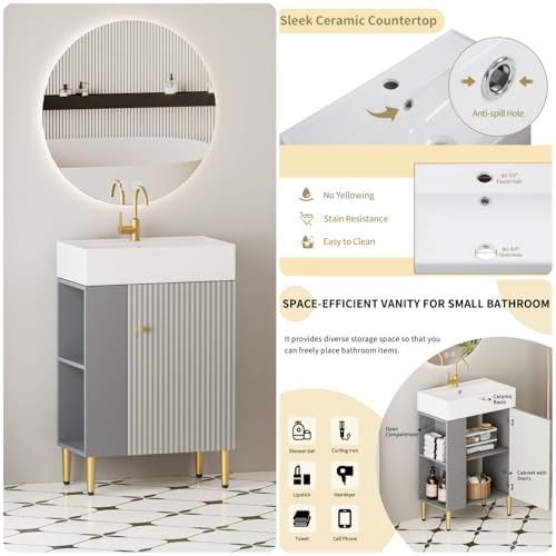 Image of 21.6 inch Freestanding Bathroom Vanity with Ceramic Sink, Matte Gray | Ceramic Sink, Wave-Pattern Door & Two-Layer Left Open Compartment, Bathroom Storage Cabinet, Easy Installation