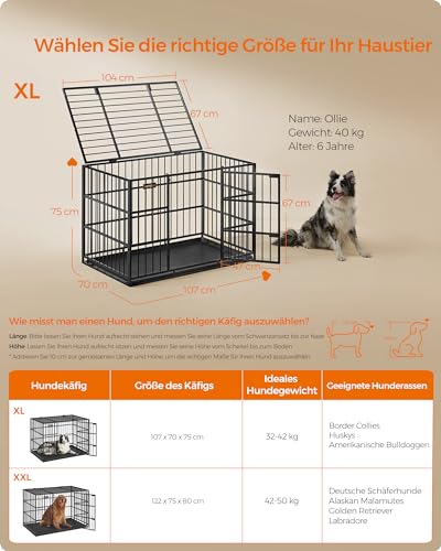 Feandrea Hundekäfig hochbelastbar, Hundebox, 107 x 70 x 75 cm, für mittelgroße und große Hunde, mit herausnehmbarer Bodenschale, Doppeltüren, leicht zu reinigen, Haustierkäfig, tintenschwarz PPD005B01