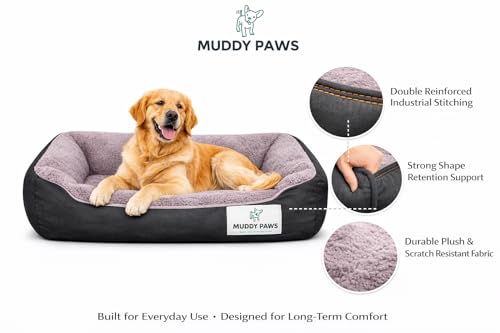 Image of MUDDY PAWS Reversible Sofa Style Dog Bed - XL (76 x 61 x 22 cm) - Plush Fur Surface, Removable Cushion & Anti-Skid Base - Black & Brown