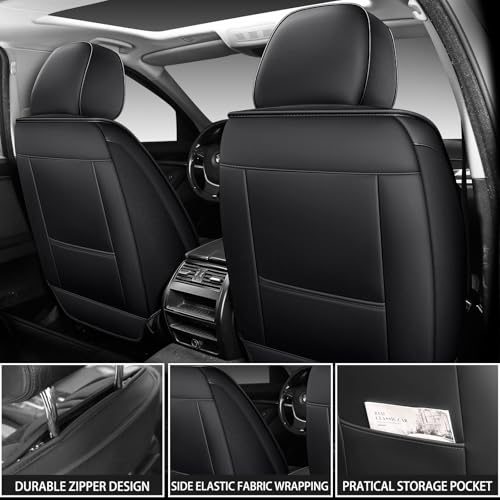 Image of Seat Covers Full Set,Nappa Leather Car Seat Covers for Front and Back,Waterproof Universal Fit Car Seat Cushion,Automotive Seat Protector for Most Sedans SUV Pick-Up Truck Sedans,Black&Beige
