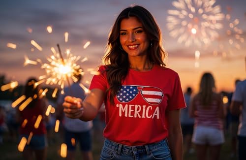 Image of ForHailey Women's 4th of July Patriotic Shirts Graphic Tees USA Shirt American Flag Short Sleeve Tunic Tops