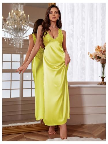 Image of WDIRARA Women's Satin Sleepwear Nightgown | Lace, Backless, Deep V Neck, Sleeveless, Long