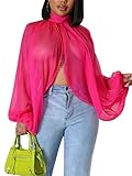 Women Sexy See Through Chiffon Sheer Print Lantern Sleeve Front Back Open Mock Neck Self Tie Casual Shirts Blouses Tops Rose