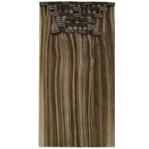 Image of Full Shine Real Hair Extensions Clip in Human Hair, Medium Brown to Blonde
