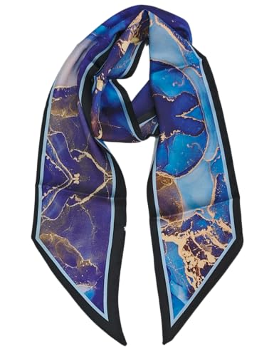 GIMIRO Bufanda de Mujer 148 x 13 cm Seda Imitada Cinturones Floral Polka Dot Stripe Diseño Geométrico (Dark Blue Golden Light)