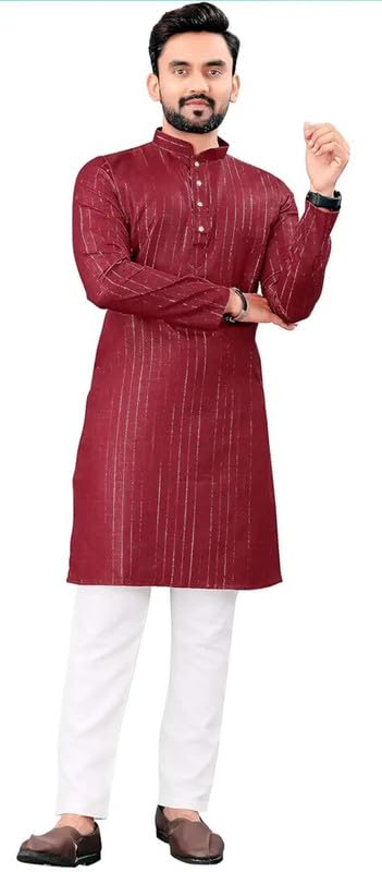 Image of FASHION GALLERY Men's Solid Pattern Polycotton Kurta with Long Sleeve Round Neck Knee Length and Pull On Closure Type|Men Kurta Pajama Set