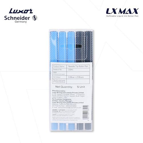Image of Luxor Schneider, LX MAX roller ball pen, Pack of 5-3 Blue + 2 Black, Needle Tip, 0.5mm, 100% German Technology, 1000+ mtrs writing length, Waterproof Ink, Ideal for Students & Professionals