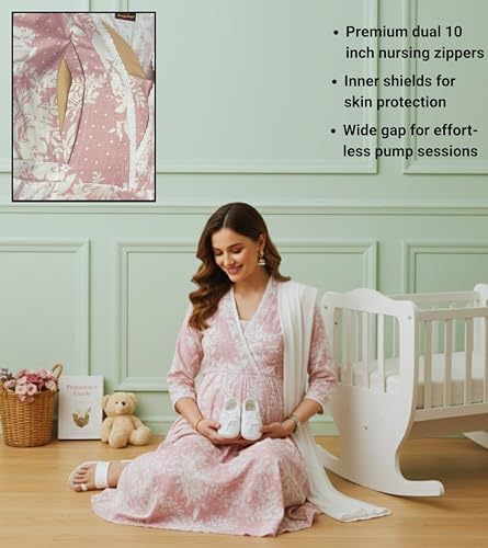 Image of DUMMY SHAPE Maternity Dresses for Women Cotton | Floral Kurta Pant Dupatta Set with Nursing Zippers, Side Pocket | Pre & Post Pregnancy | Feeding Kurti Suit | Baby Shower | Gifts for Pregnant Woman