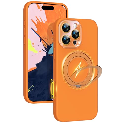 Image of Silicone 360 Spin Magnetic Stand Case for iPhone 16 Pro Max, [Compatible with Mag-Safe][Reinforced Hard Camera Protection] Liquid Silicone Rubber Phone Cover with Ring, Camera Button, Orange