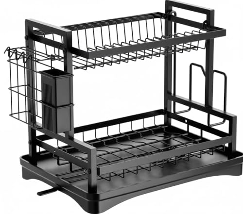 Double Layer Kitchen Dish Rack, 42x31x33 cm 2 Tier Multifunctional Iron Dish Drying Rack with Drainboard and Utensil Holder Rustproof SpaceSaving Dish Drainer for Kitchen Countertop - Black