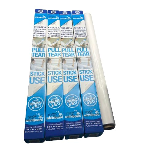 4 Rolls of Magic Whiteboard - Plain White 25 Perforated A1 Sheets. Static & Portable White Board for Walls, Doors, Windows. Sticks to Any Flat Surface. Write on with Any Dry Erase Marker - Easy Clean