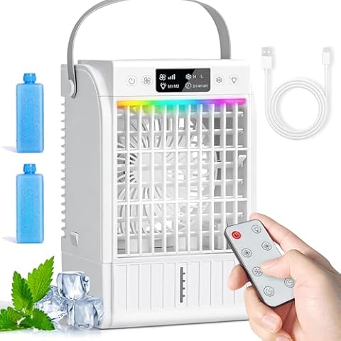 JONRRYIN Mini klimatyzator przenośny 4 w 1, mały klimatyzator z pilotem zdalnego sterowania, zbiornik na wodę 1500 ml, 4 prędkości, 2 tryby mgły, światło RGB, timer, wentylator z chłodzeniem wodnym