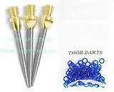 THOR-DARTS 3-6-9-12 stalowych grotów do darta Steeldart Gold-Silver + gumowe pierścienie + znaczki piórek - metalowe groty (+100 niebieskich pierścieni silikonowych, 3 zestaw (9 sztuk) MS2 złoty-srebrny)
