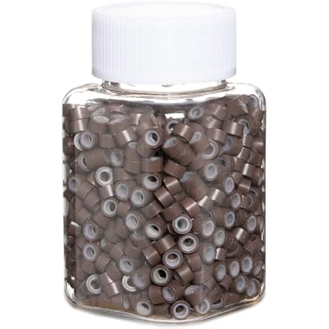 GOTDYA 1000pcs 5mm Hair Extension Beads,Silicone Lined Micro Rings,MicroLink Weft Beads for Hair Tinsel and Feathers Extensions,Brown Cover