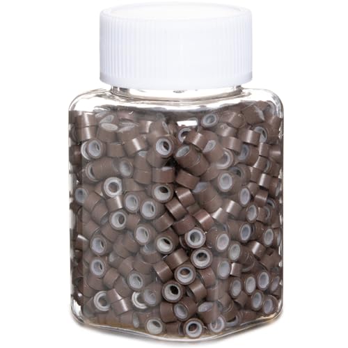 GOTDYA 1000pcs 5mm Brown Extension Beads,Silicone Lined Micro Rings,MicroLink I Tip Weft Sew in Beads for Fairy/Hair Tinsel and Feathers Extensions
