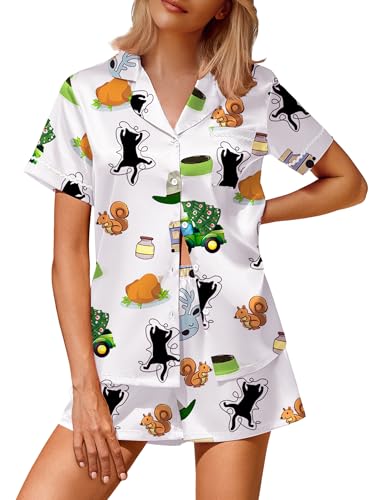 Image of Ekouaer Silk Satin Pajamas 2 Piece Pajamas for Women Set Button Down PJ Short Sleeve and Shorts Pjs Lounge Sets