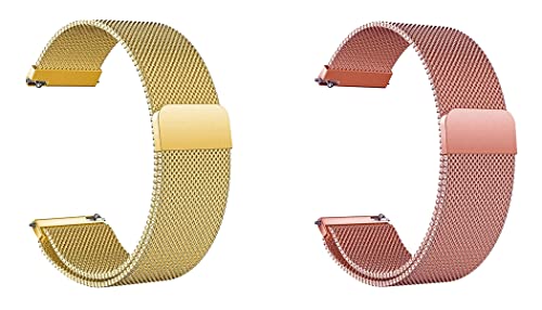 Image of ACM Pack of 2 Watch Strap Magnetic Loop 20mm compatible with Compaq Q Watch Smartwatch Metal Chain Band (Champagne Gold /Rose Gold Pink)