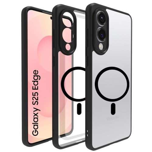 Image of RIGGEAR Shockproof Sleek Hybrid Armor Magnetic Back Cover Case Compatible with MagSafe Accessories for Samsung Galaxy S25 Edge (Clear PC with Black TPU Bumper)