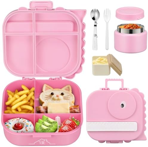 Lunch Box Kids with 5 Compartments, Insulated Food Jar & Utensils, Leak Proof Bento Box with Sauce Container, BPA-Free & Dishwasher Safe, Dinosaur Design(Pink)