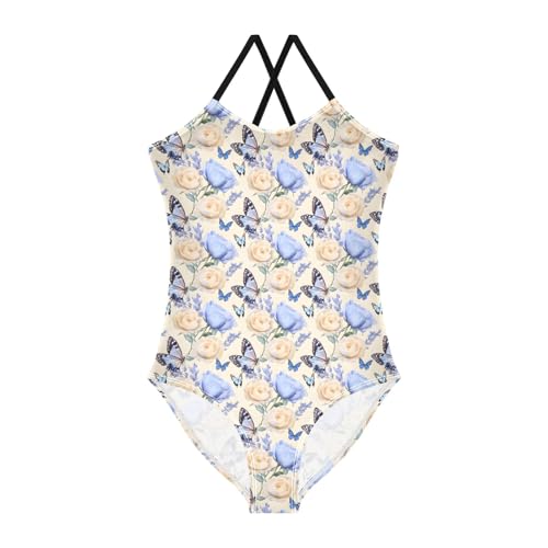 senya Girls Swimsuits One-Piece Swimwear Tie Bathing Suit Beach Summer Round Neck 7-8T Blue Butterfly Rose Pattern