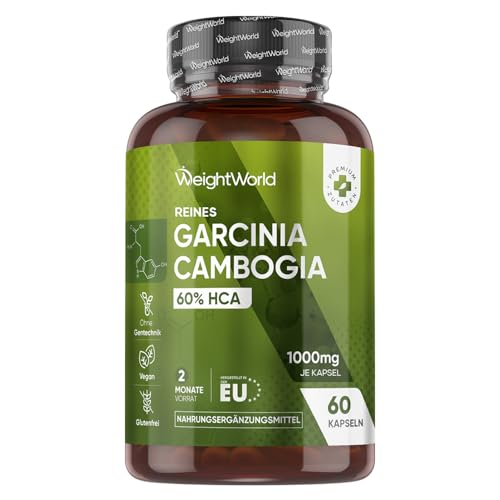 Garcinia Cambogia Fruchtextrakt - 1000mg pro Kapsel - 60{c7c505903f1f8f54283601932ac52787f04a9bb67fe9bfa5890f3dec58055bee} Hydroxycitronensäure - 2 Monate Vorrat - 60 vegane Kapseln - Glutenfrei - Pure Garcinia Malabar Tamarind von WeightWorld