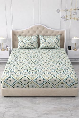 Image of 300 TC Cotton Feel Glace Cotton Elastic Fitted Bedsheet for King Size Double Bed | Fits up to 8 Inch Mattress | Printed Bedsheet with 2 Pillow Covers (Emerald, King Size - 72 inchx78 inch)