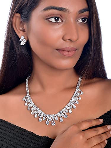 Image of Yellow Chimes Jewellery Set for Women Rhodium Plated Cubic Zircon Silver Necklace with Earring Set Floral Design Classic CZ Stoned Jewellery Set for Women and Girls