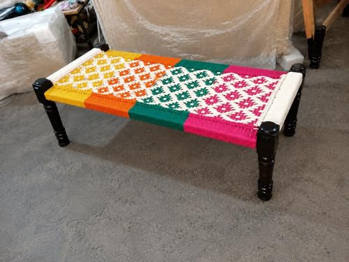 Image of Handwoven Wooden Bench | Traditional Rope Charpai Stool | Solid Wood Frame Seating for Living Room, Balcony & Outdoor | Durable & Stylish Design (Multicolor Finish)