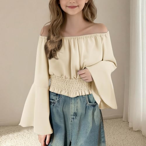 Girls Off Shoulder Tops Bell Long Sleeve T-Shirts Summer Soild Color Casual Smocked Tunic Shirts3