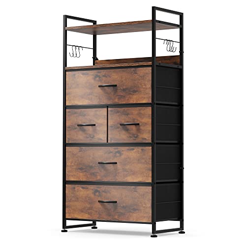 Lulive Dresser for Bedroom with 5 Drawers, Dressers & Chests of Drawers for Entryway, Storage Organizer Unit with Cationic Fabric, Sturdy Metal Frame, Wood Tabletop, Easy Pull Handle (Rustic Brown)