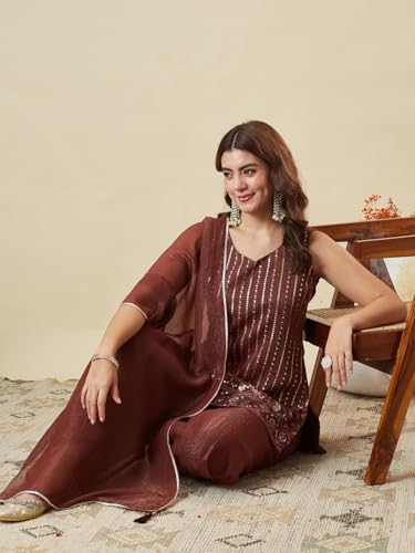 Image of MOKOSH Women's Silk Embroidery Kurta Sharara with Dupatta | Kurta Set | Embroidered |Ethnic Wear |Indian Kurta Outfit with Sharara | 3 Piece Outfit