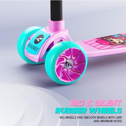 Image of Konex Kick Scooter for Kids (2+ Years) | 3 Broad Rubber Wheels for Smooth Ride | 4-Level Height Adjustable Handle | Foldable & Portable with Back Brake (Pink-Sea Green, ECO)