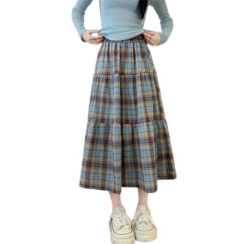 Women Patchwork Plaid Mesh Skirt High Waist A-Line Long Tulle Checked Layered Swing Chic Versatile Wear Blue