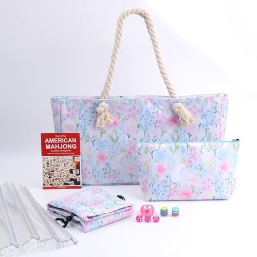 Image of 2026 American Mahjong Set Complete with Blue Carrying Bag, 160 Pink Mahjong Tiles, 4 All-in-One Transparent Mahjong Racks with Pushers, Majiang Tile Set