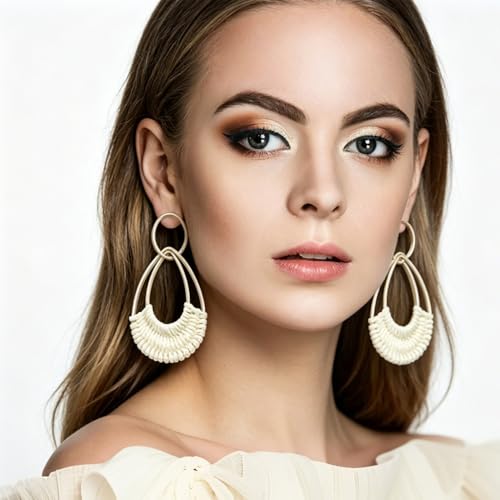 Image of 4 Pairs Handmade Raffia Rattan Bohemian Round Drop Dangle Earrings for Women, Boho Statement Cute Fun Hoop Earrings Set