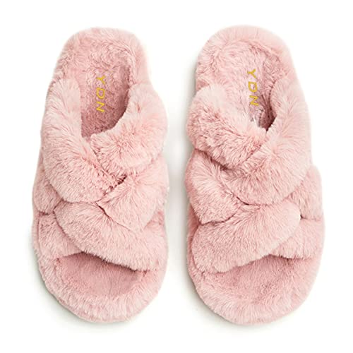 YDN Women Fuzzy Memory Foam Slippers Furry Heeled Slides Open Toe Indoor Outdoor Sandals Cross Band Slip On House Shoes Size 4-15 US 5