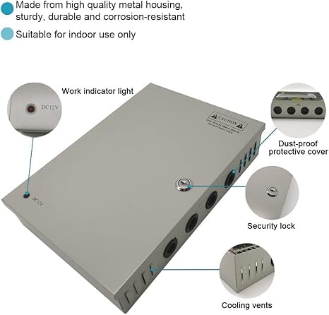 SQUADO Alimentatore per Telecamere CCTV, 12V 10A, 9 Uscite, Stabilizzato, Scatola di Alimentazione 12V 10A 220v A22