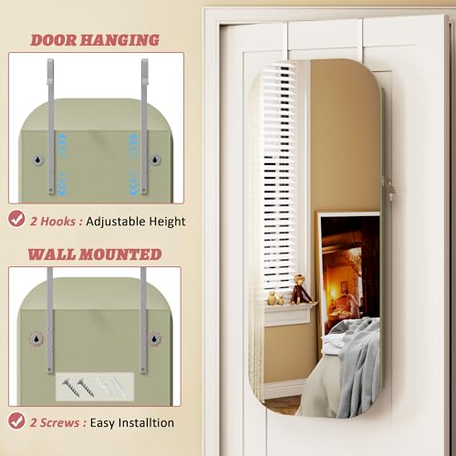 LVSOMT Round Mirror Jewelry Cabinet Standing, Over the Door/Wall Mounted Jewelry Cabinet, Floor Mirror with Storage, Lockable Jewelry Mirror Organizer Full Length, Green