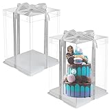Geelyda Clear Tall Cake Box, 2 PCS 10'x10'x12' Transparent Cake Box with Ribbon, Cake Packaging Boxes Carrier Container for Large Tall Layer Tiered Cakes Wedding Birthday Party, Gift Boxes with Lid