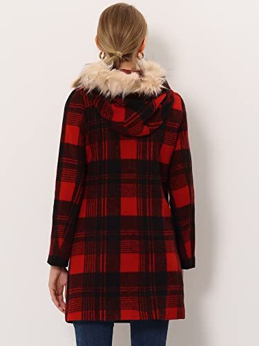 Allegra K Women's Winter Thick Button Front Pockets Check Plaid Coat With Fluffy Hood X-Large Red Black #TOP3