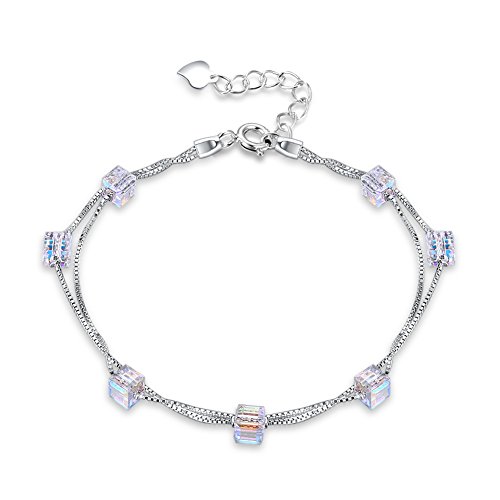 Hasnsofie Bracelet Femme en Argent Sterling 925, Chaîne avec Cristal Aurore Boréale, Chaîne Réglable 17 + 4cm Double Maillon, Cadeau d'anniversaire Parfait pour Femme Fille Livré dans une Boîte Cadeau Cover