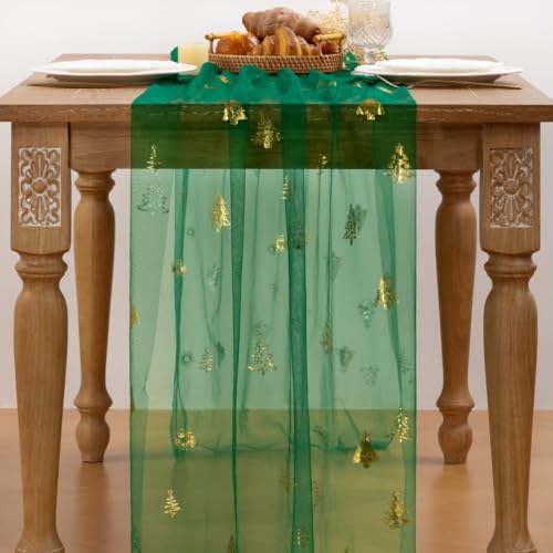 Image of Christmas Tree Table Runner Emerald Green Gauze Foil Table Runner, 3PC