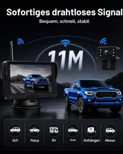 Jansite AHD 1080P Rückfahrkamera Kabellos mit 5'' Monitor, 12–24 V