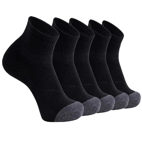 Mens Ankle Socks Athletic Thick Cushioned Running No Show Sports Low Cut White Black Socks，5 Pair Pack