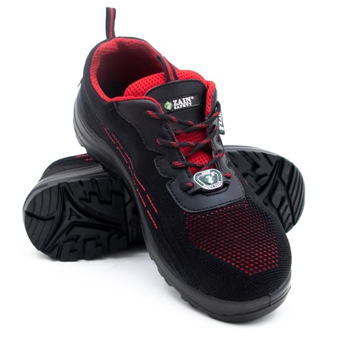 ZAIN Low Ankle Safety Shoes | BIS Approved, Breathable Upper | Modern Look, Anti-Skid, Excellent Comfort, Composite Toe | Black & Red | Smoke, Size 6